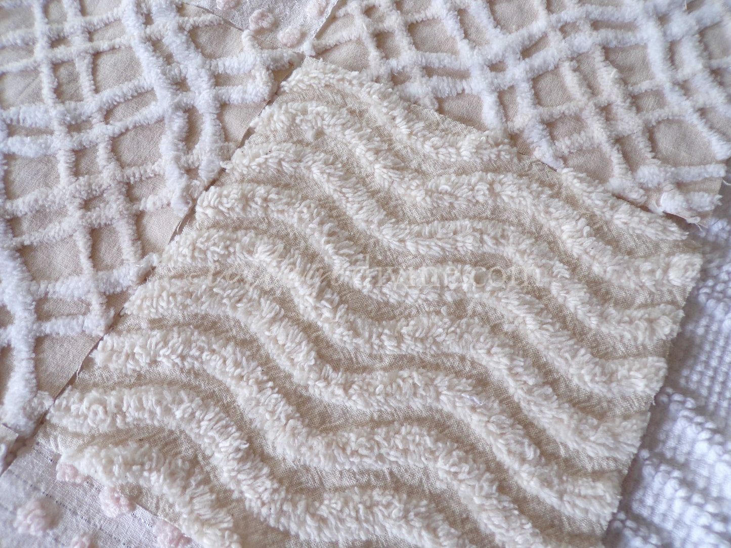 Cream Latte Quilt Squares Set from Vintage Chenille Bedspread Fabric, 16 Blocks, 6" x 6" inch, Neutral tones