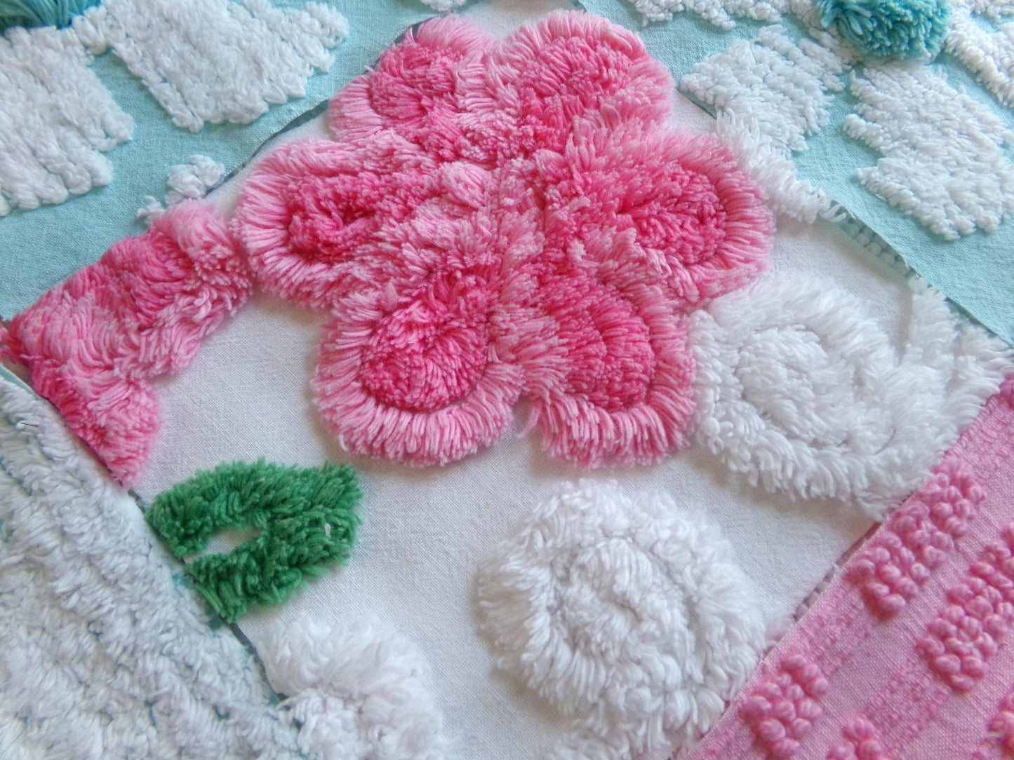 spring waltz vintage 6" chenille squares, set of 16 pink & aqua quilt blocks rotary cut from vintage chenille bedspread fabrics