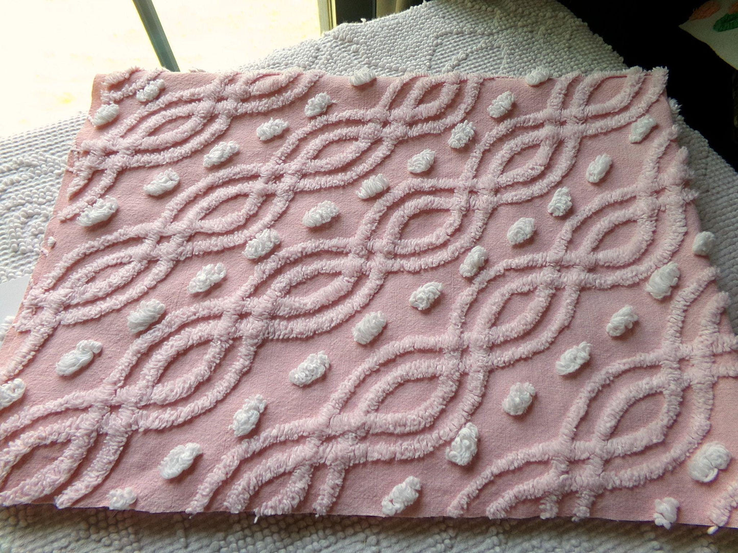 wandering eternity links vintage pink chenille fabric, contrast white pops, 17" x 25" piece for chenille quilts, pillows, fiber arts