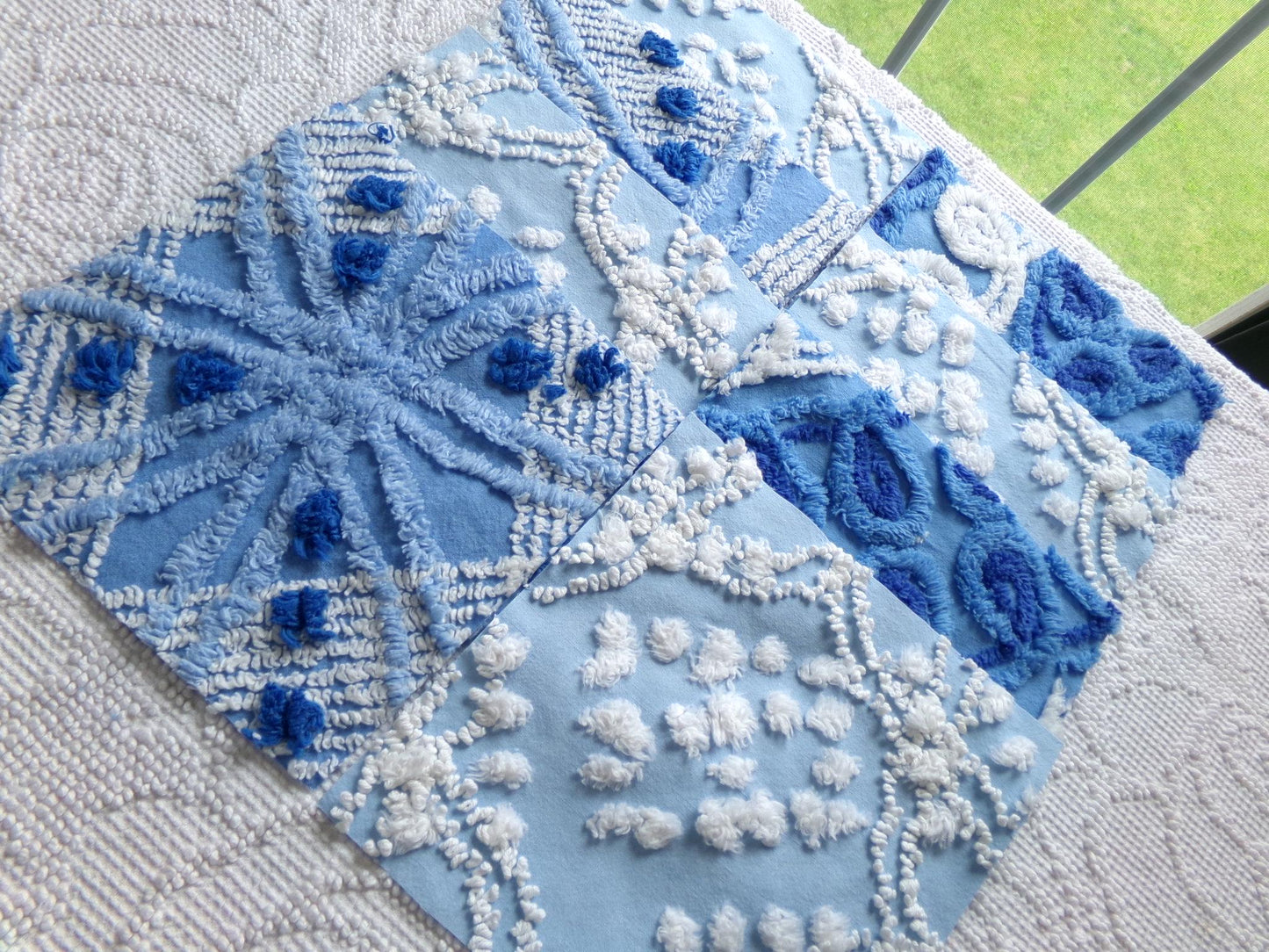 starry mystic chenille fabric squares, set of 8 vintage 7.5" quilt blocks, twilight blue & white, for sewing, crafts, quilting