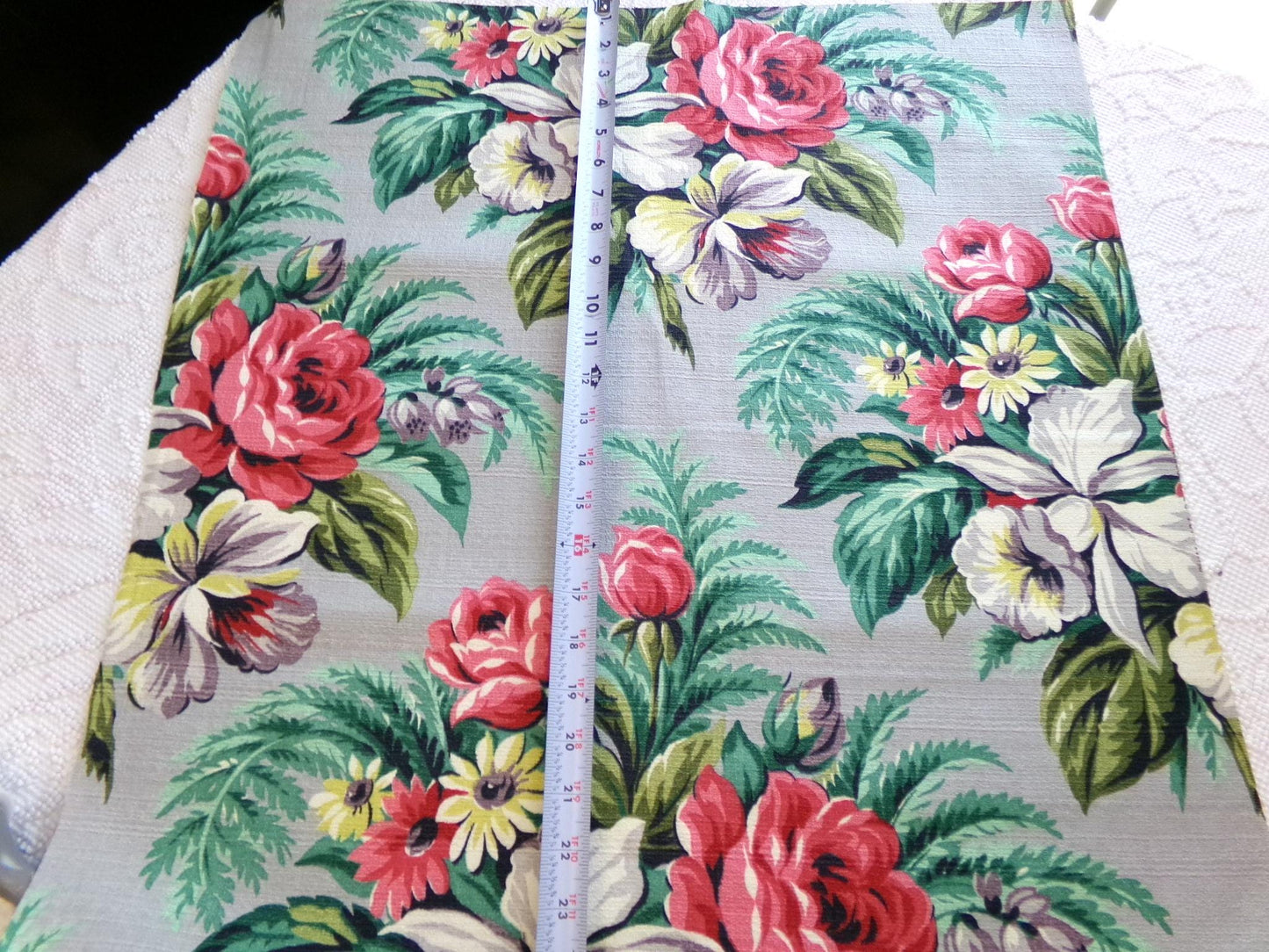 Botanical Vintage Barkcloth Fabric, Tropical Exotic Floral Print on Silvery Grey, 22" x 23" inches, Ideal Fabric Piece for Pillows