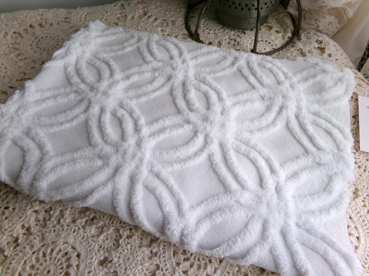 versatile white vintage chenille fabric, classic wedding ring design, 15.5" x 23" inch piece of sewing material for quilts, crafts