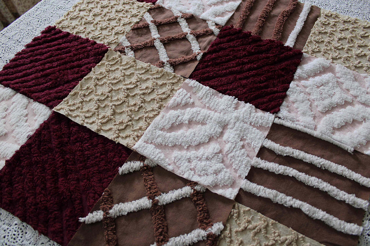chocolate raspberry chenille fabric squares, 16 vintage quilt blocks, 6" x 6" inches ea, great shades of brown, merlot, mocha, white