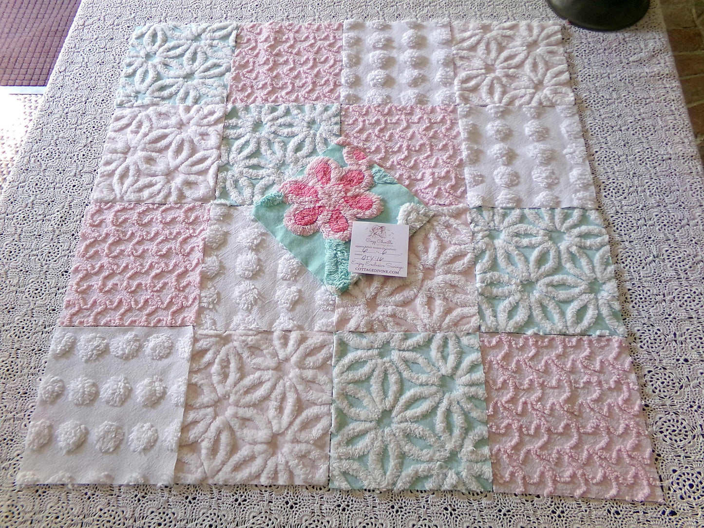 cottage chic 6" chenille squares, set of 17 aqua, pink & white quilt blocks cut from vintage chenille bedspread fabrics, daisies 'n dots