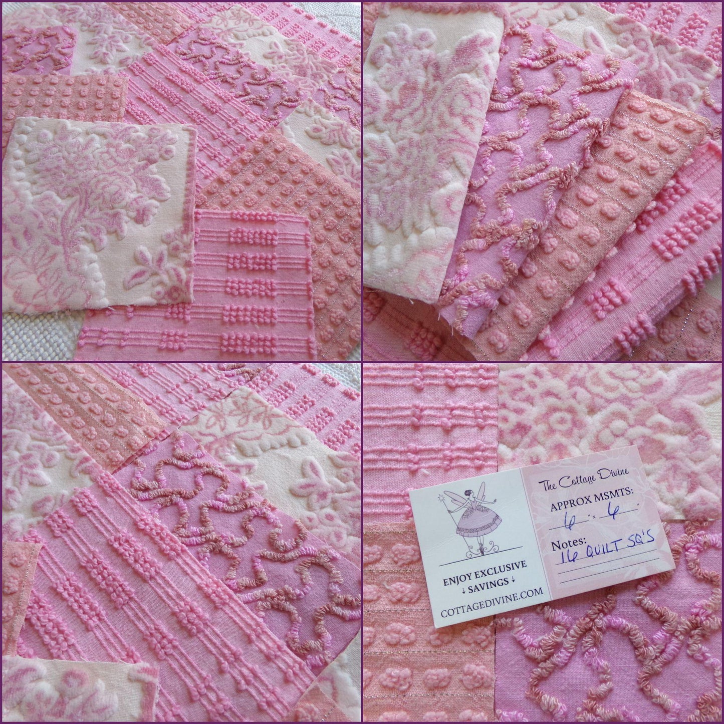 lux pink velvet & chenille fabric squares, set of 16 texturized vintage craft quilt blocks 6" inches for quilt inlays, pillows, fiber arts