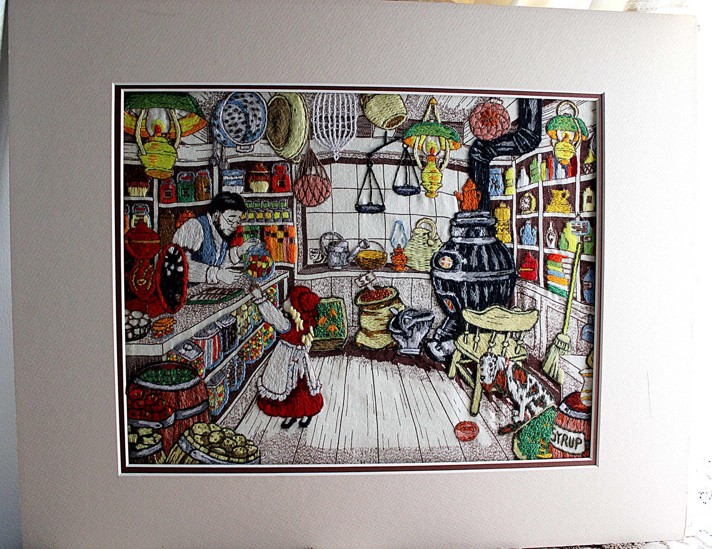 Old-Fashioned Country Store Crewel Embroidery Piece, "Penny Candy"" Completed Stitchery, Vintage Paragon Needlecraft, Outstanding Needlework