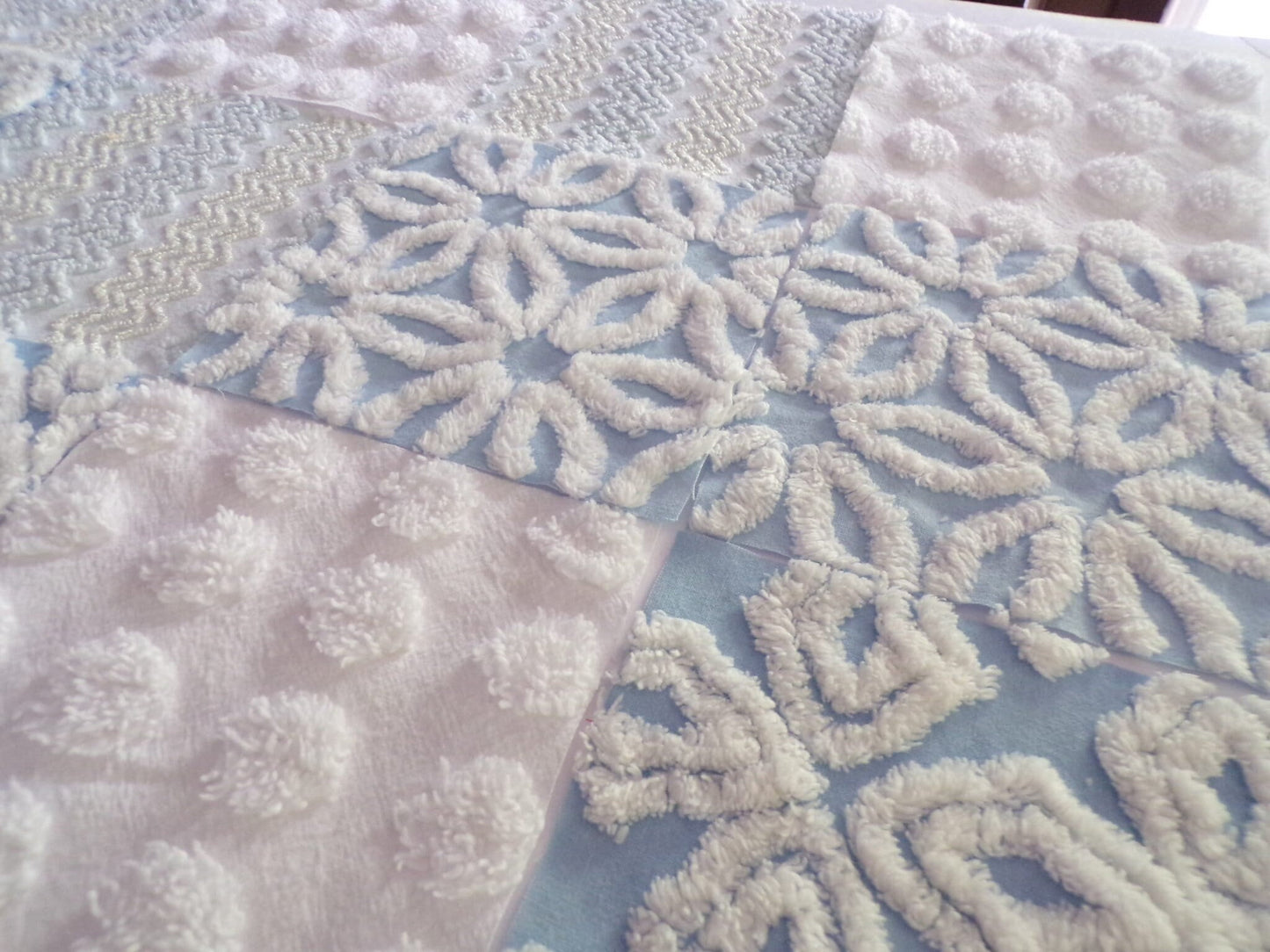 coastal winds vintage chenille fabric squares, set of 16 blue & white cotton 6" quilt blocks, nice texture for sewing, crafts, quilting