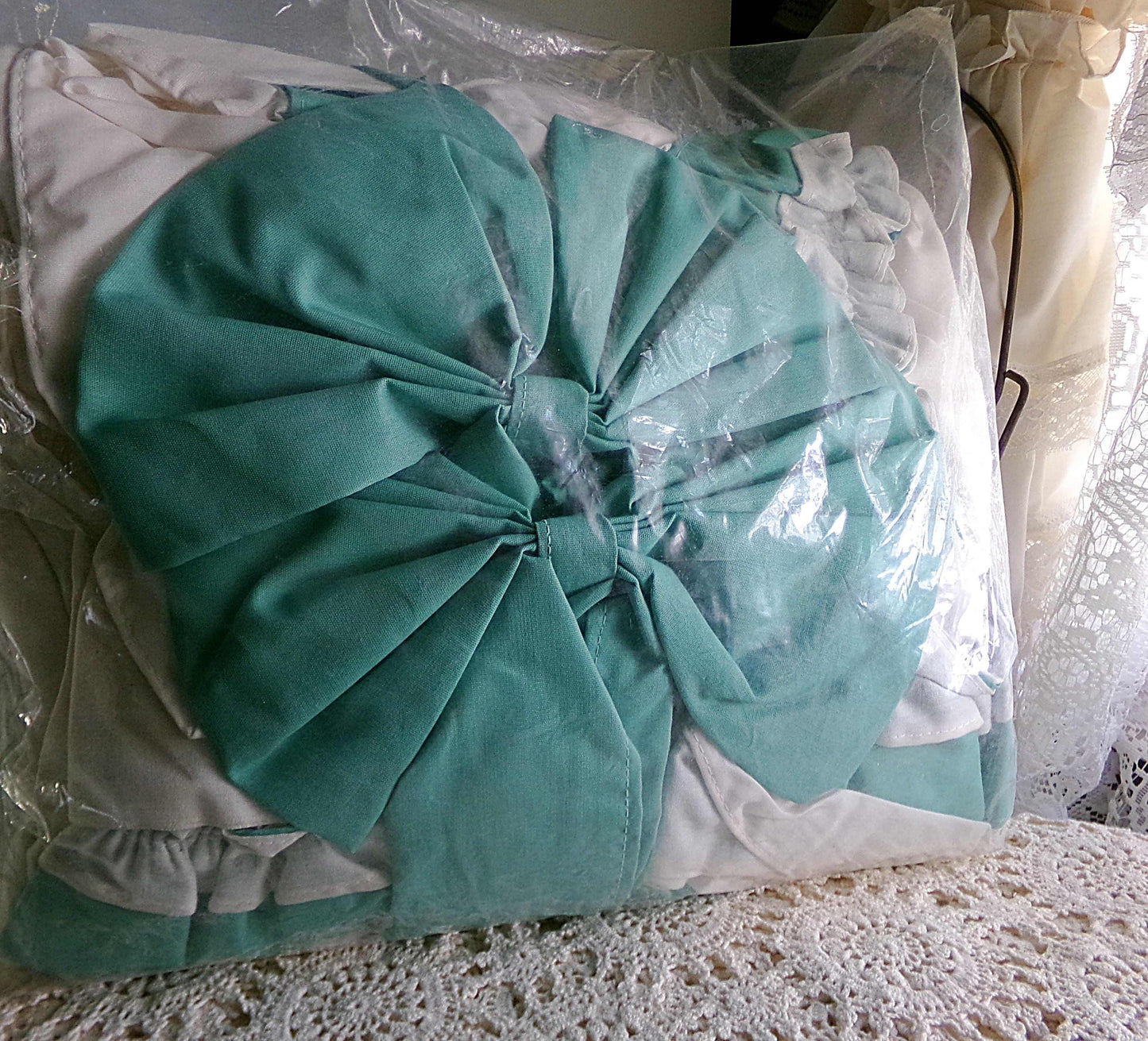 Farmhouse Style Priscilla Curtain Panels Pair, Cream & GREEN Trim, Bow Tiebacks, NOS Vintage Window Curtains, 84" L, Williamsburg Collection