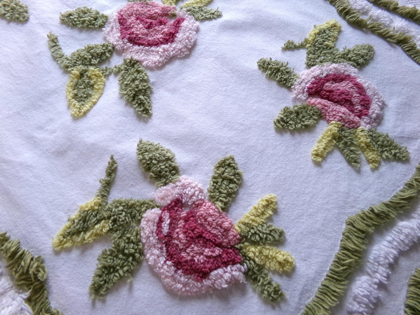 victorian style rose vintage chenille fabric, 19" x 25" inch piece of cotton sewing material, great for pillows & crafts