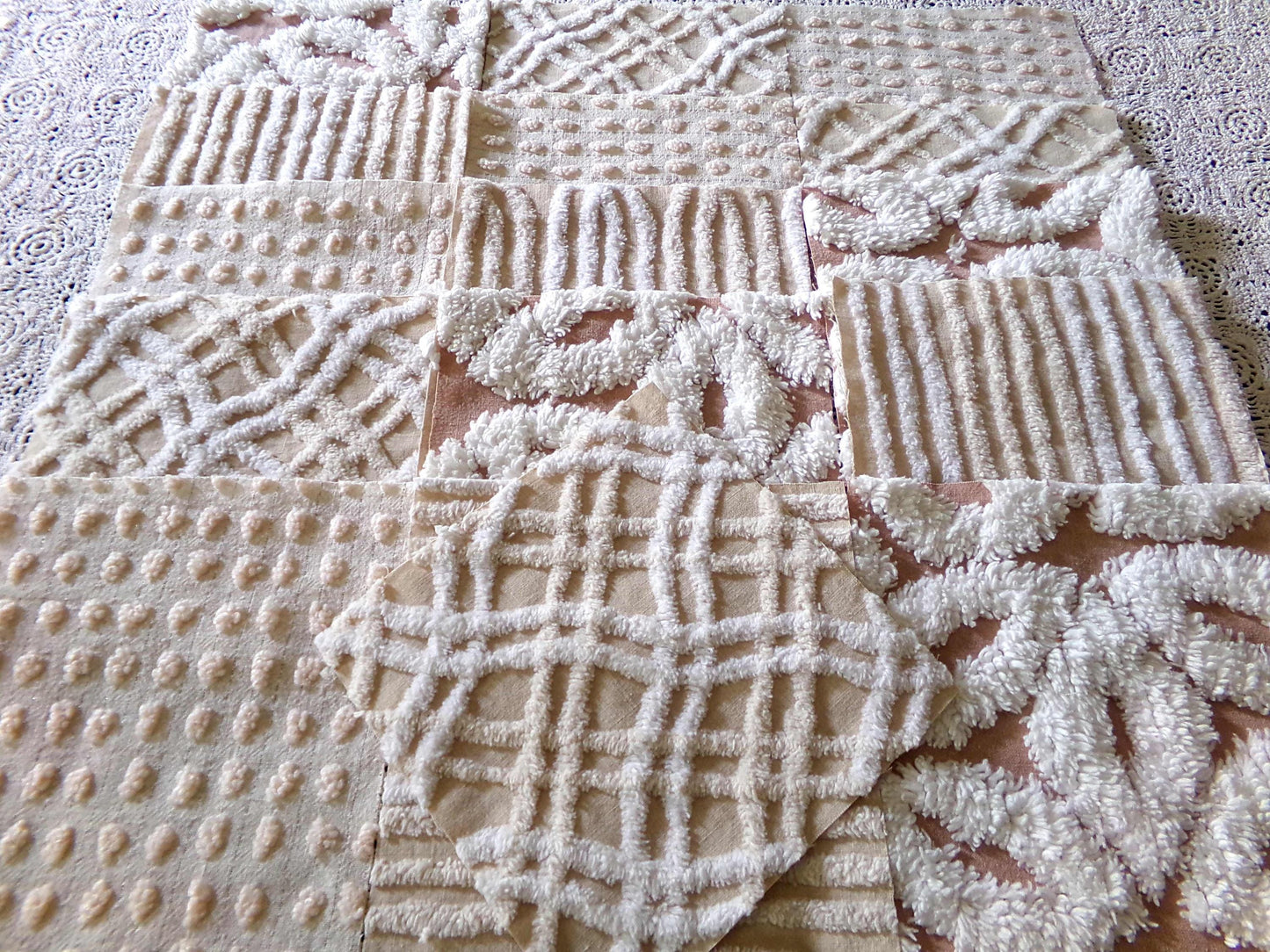 Neutral Modern Chenille Quilt Squares Set from Vintage Bedspread Fabric, 16 Blocks 6" x 6" inch, Daisy, Wavy Honeycomb, Stripe, Dot Patterns