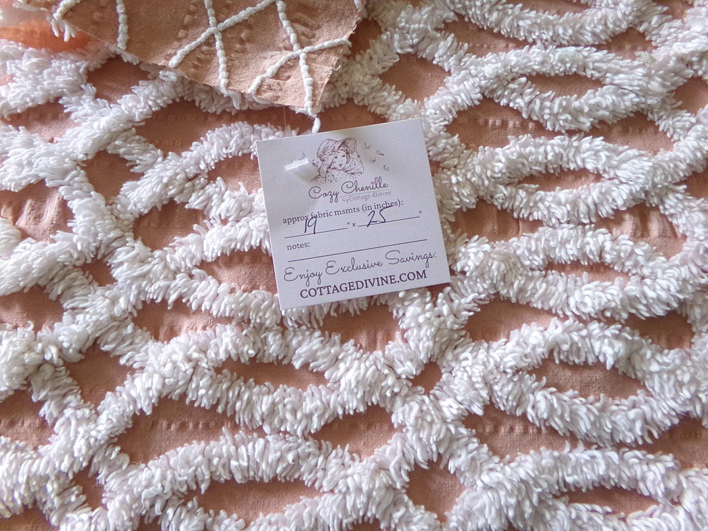 plush white eternity link chenille fabric on peach cotton seersucker, 19" x 25" inch piece of sewing material