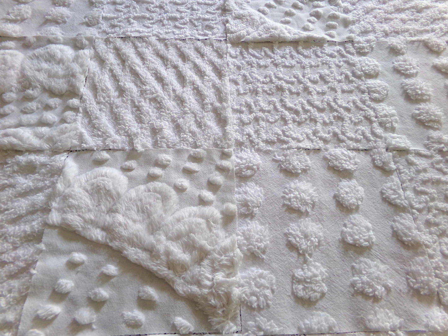 snow day white chenille fabric squares, 16 vintage 6" x 6" quilt blocks, pops, squiggles, diamond lattice & swirls