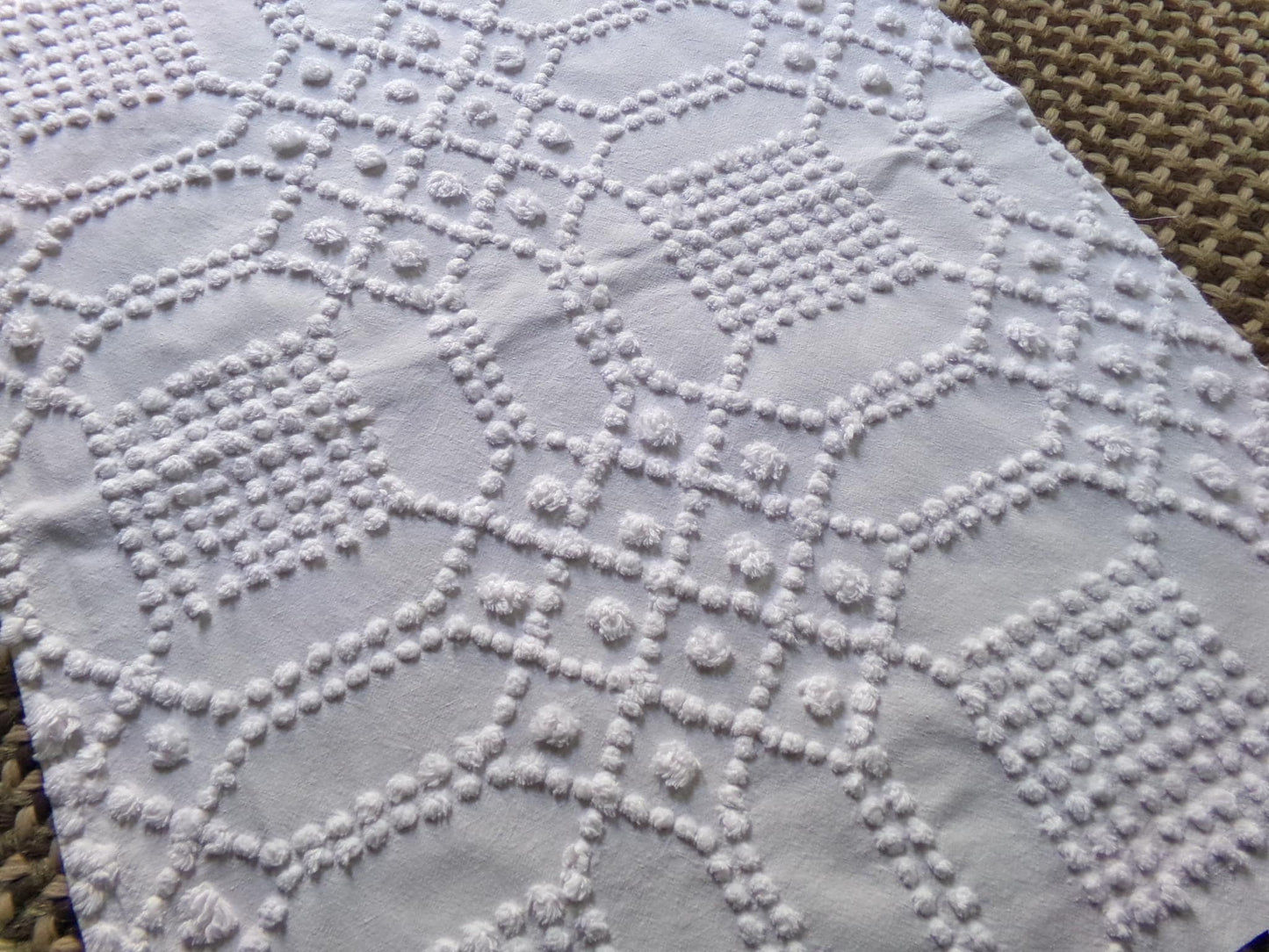 celestial white vintage chenille fabric, vintage geometric piece of cotton sewing material for quilts, pillows, wall hangings, 23" x 28"