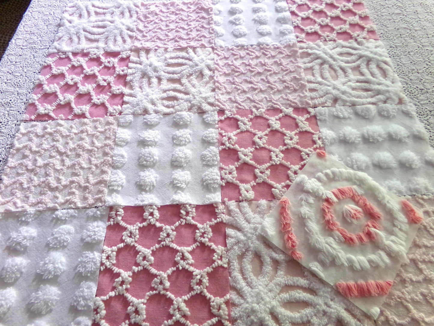 Spunky Pink Quilt Squares Set from Vintage Chenille Bedspread Fabric, 17 Blocks, 6" x 6" inch