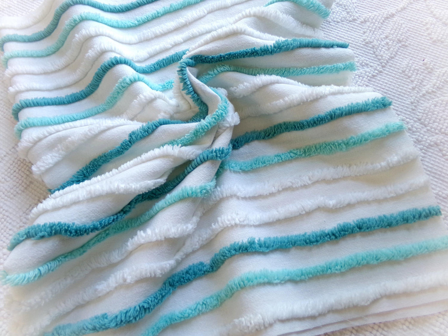 chic coastal cottage vintage chenille fabric, aqua, teal & white striped sewing material for chenille quilts, crafts, 17" x 27" inch piece