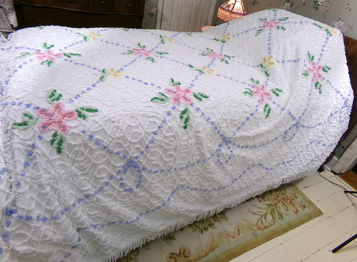 Shabby Chic Vintage Style Chenille Bedspread, Pink & Yellow Flower Design, Full Size White Cotton Bedding With Accent Fringe