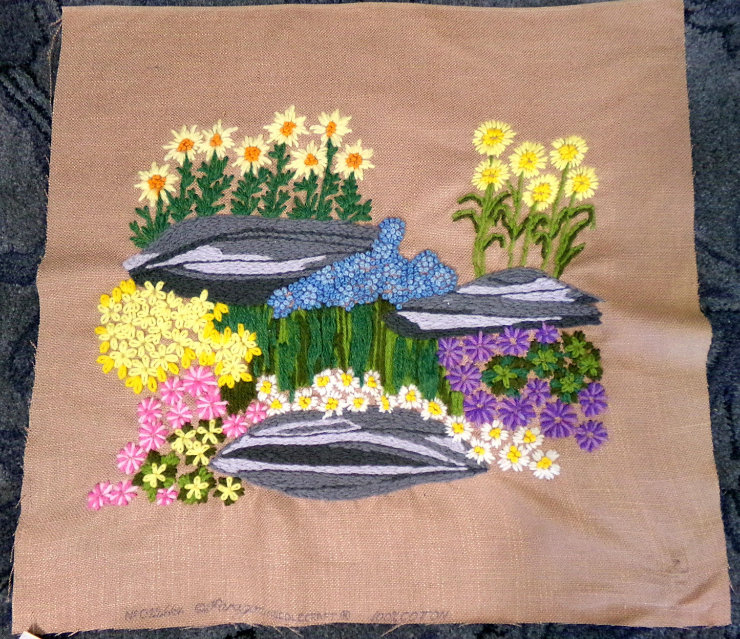 ROCK GARDEN Vintage Crewel Embroidery, FINISHED Boho Style Stitchery, Paragon Needlecraft #0215, Retro Floral Design by Barbara Sparre