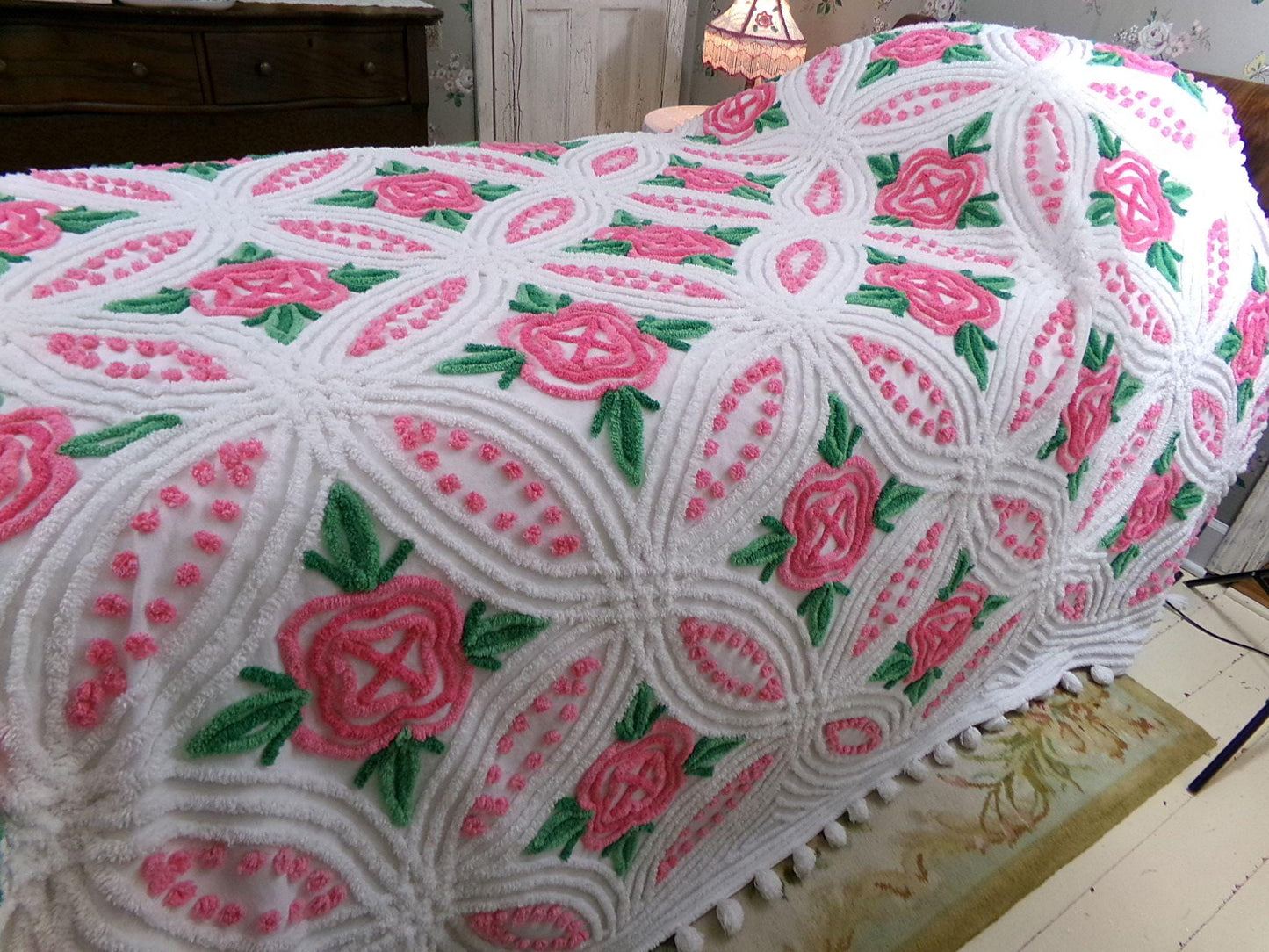 princess pink rose vintage chenille bedspread, cabbage roses on white with pom pom trim, 100% cotton full size cottage bedding