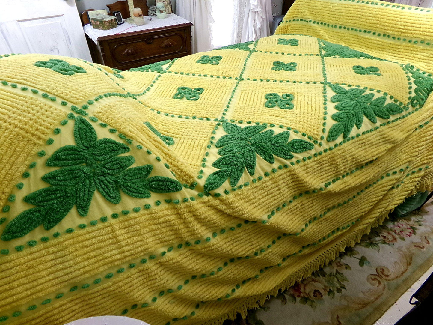lucky leprechaun vintage chenille bedspread in mischievous emerald green & sunny yellow, plush cotton full size bedding with fringe