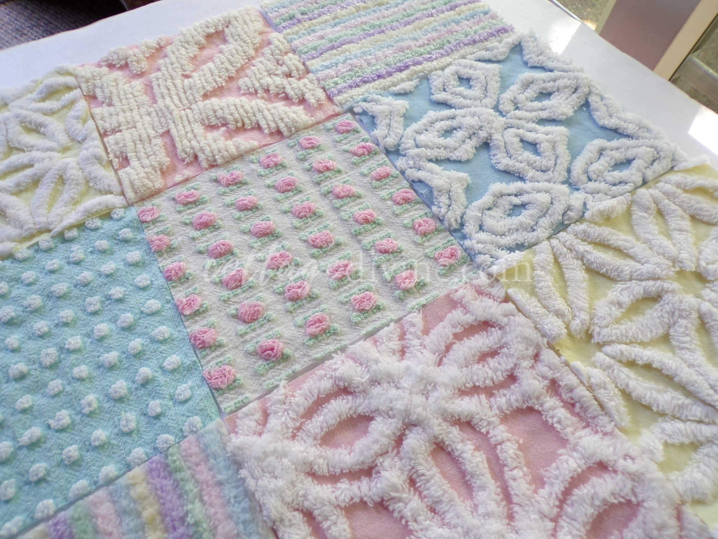 Rainbow Pastel Quilt Squares Set, Rotary Cut from Vintage Chenille Bedspread Fabric, 16 Blocks, 6" x 6" inch for quilting, sewing, crafts