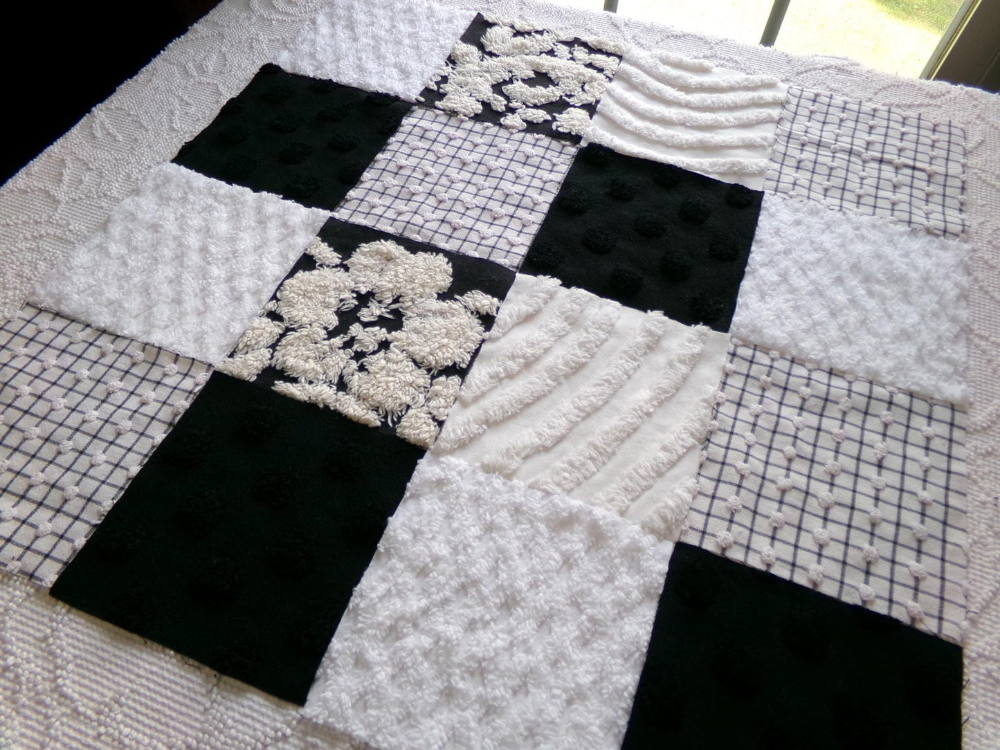 trendy tuxedo b&w chenille fabric squares, set of 16 vintage black and white quilt blocks 6" ea, great textures for crafts, quilting