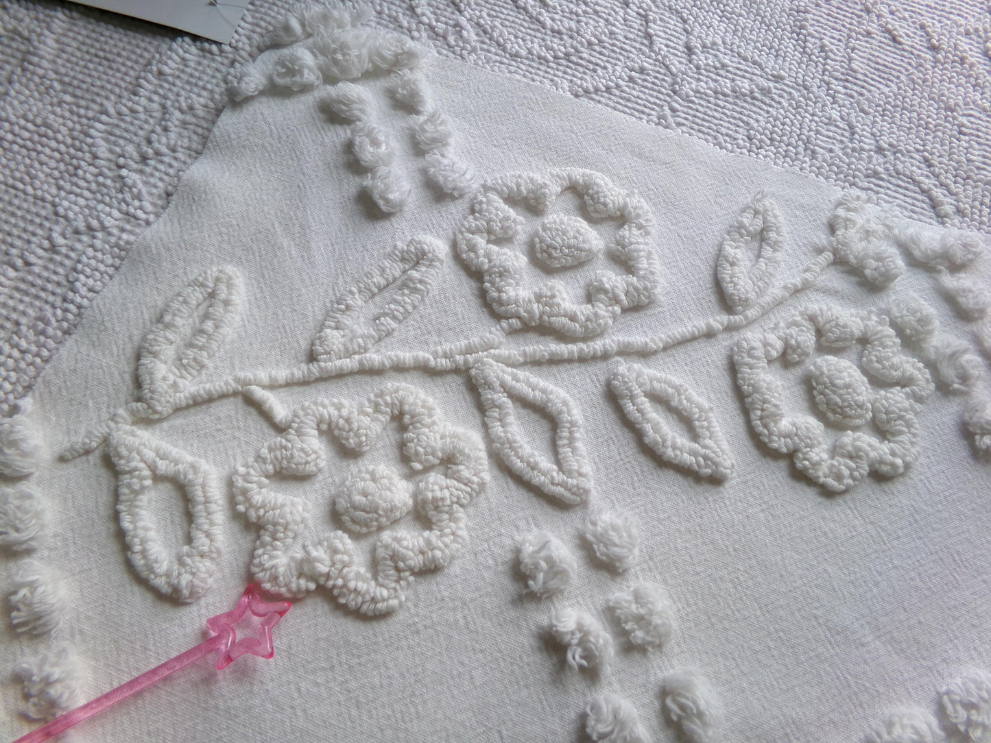 Elegant White Floral Chenille Fabric: Vintage Cottage Style 23" x 15" Cut Piece