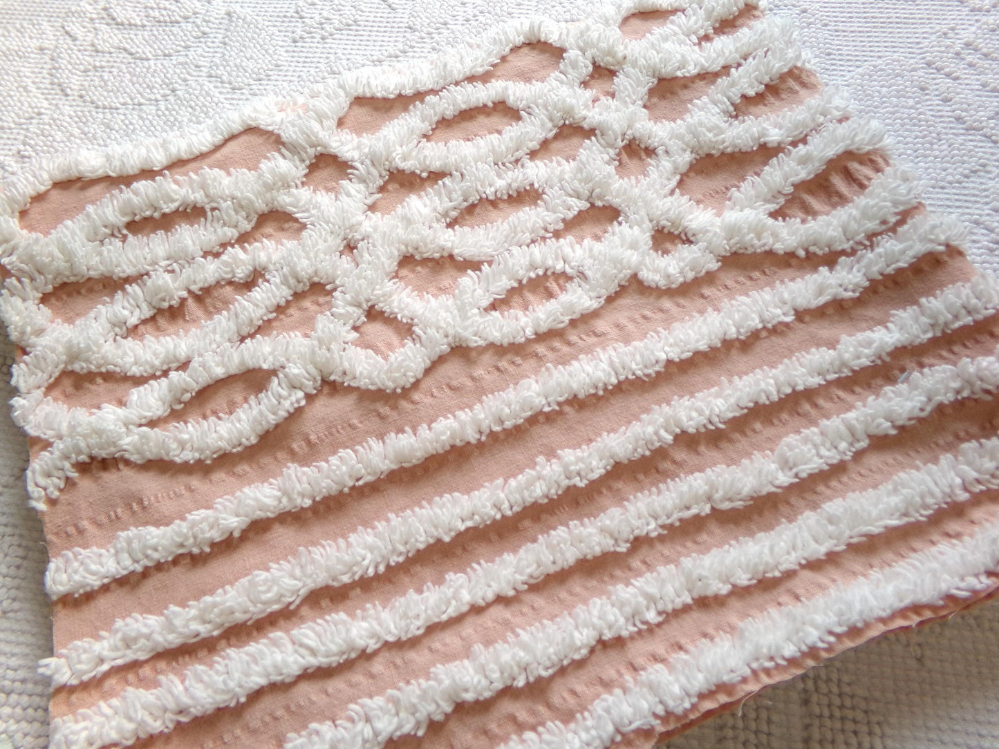 vintage chenille fabric: white geometric on peach cotton seersucker, 20" x 24" cut piece