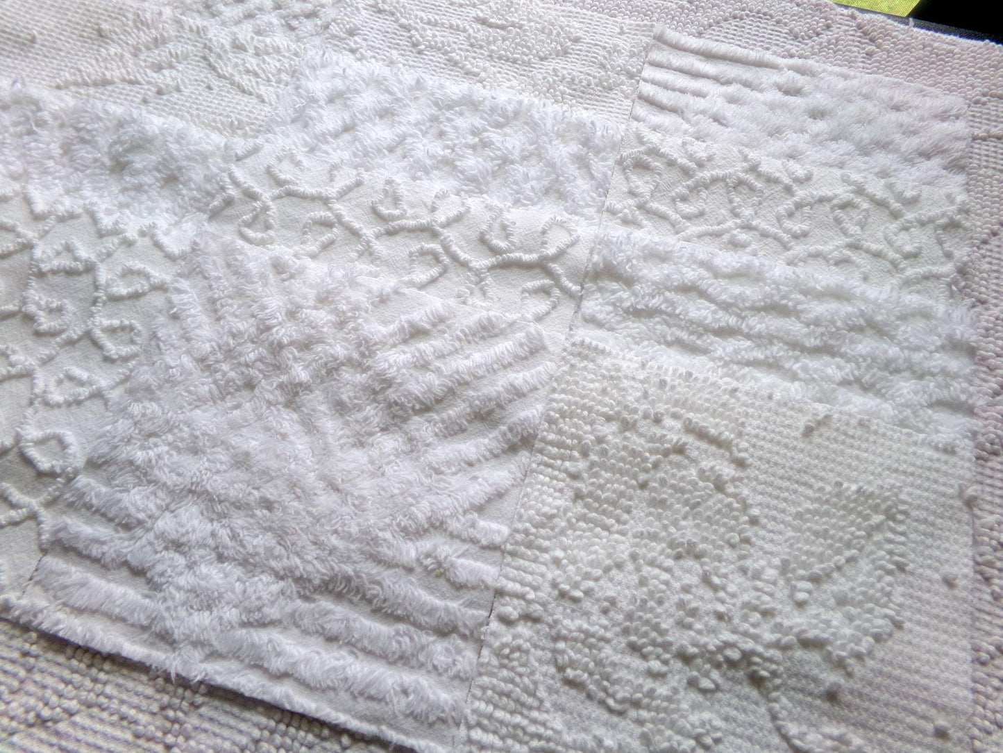 white vintage 6" chenille squares, set of 12 quilt blocks in a classic selection of popular patterns for sewing & crafts