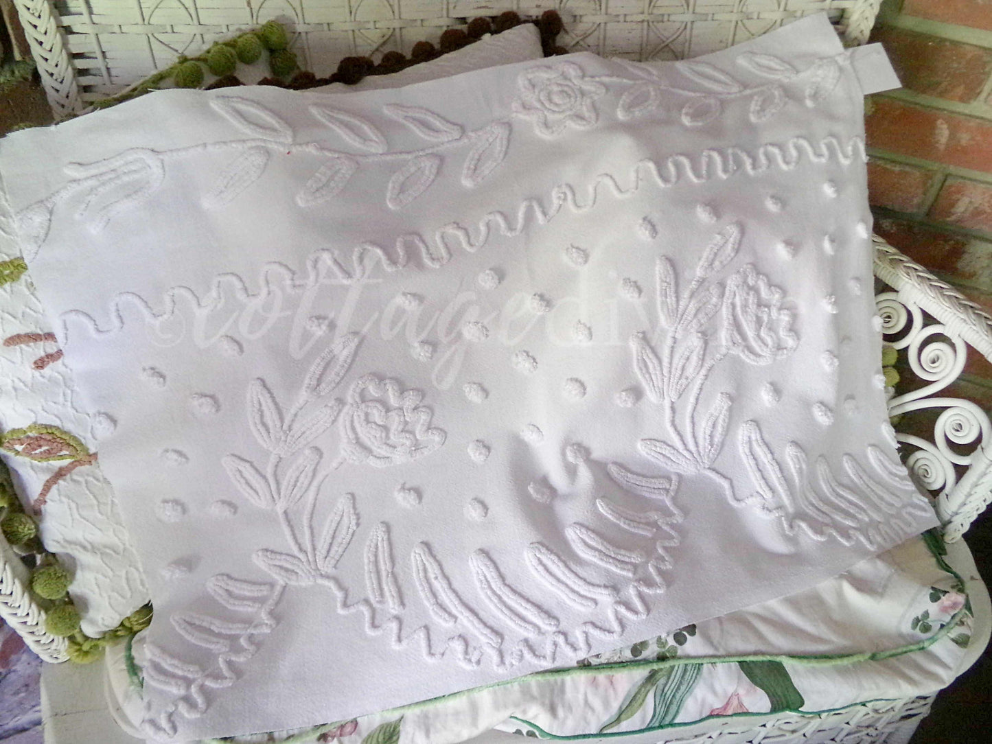 Lily White Dot Vintage Chenille Fabric Piece, 19" x 27" inches, Beautiful Farmhouse Style