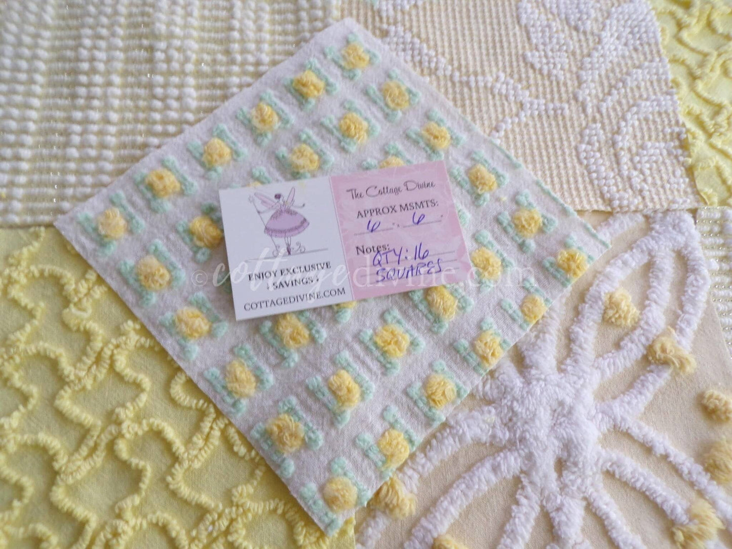 Cheerful Chenille Quilt Squares Set from Vintage Bedspread Fabric, 17 Blocks, 6" x 6" inch, Sunny Yellows