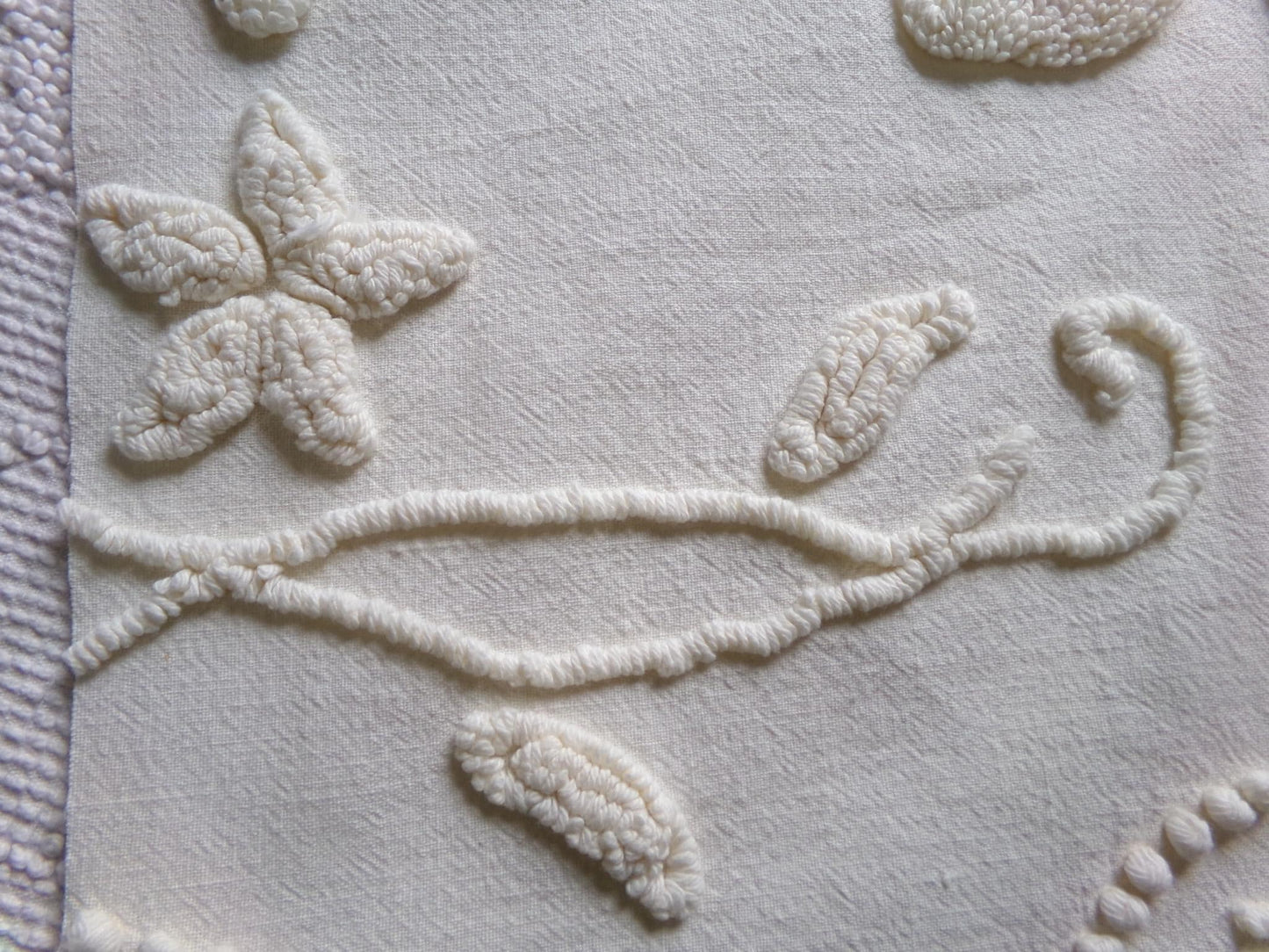 ivory rose vintage chenille fabric, vintage cotton 15" x 21" cut piece with sprawling stylized roses for quilting crafts and sewing
