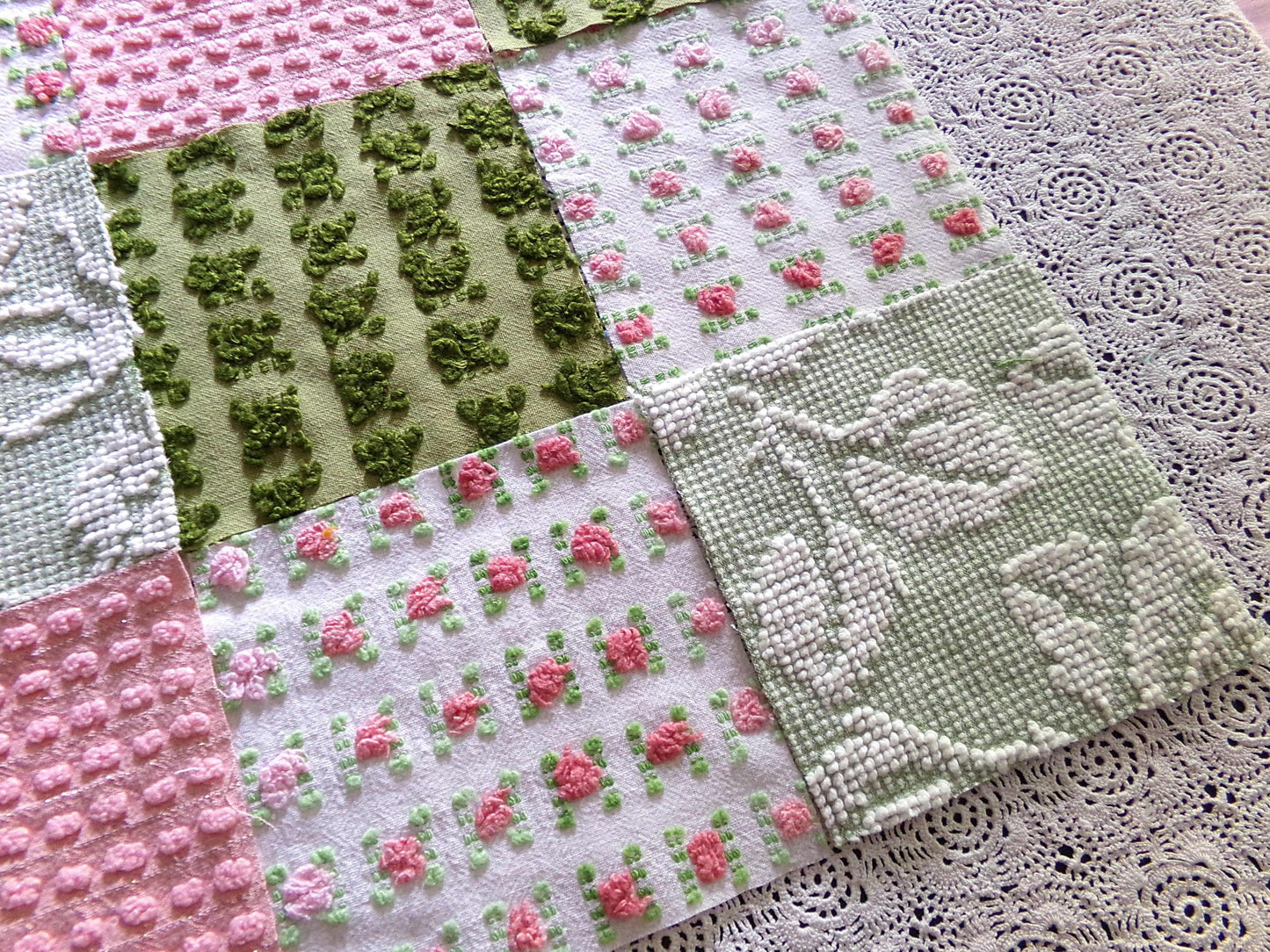 Olive & Ombre Rose Chenille Fabric Squares Set, Old Fashioned 16 Vintage Quilt Blocks, 6" x 6" inches each, for Quilting, Sewing, Pillows