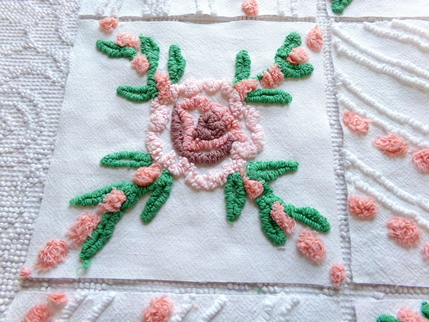 vintage 7.5" chenille fabric squares, set of 6 cottage style quilt blocks, peach, white rose floral & geometric for sewing, crafts, quilting