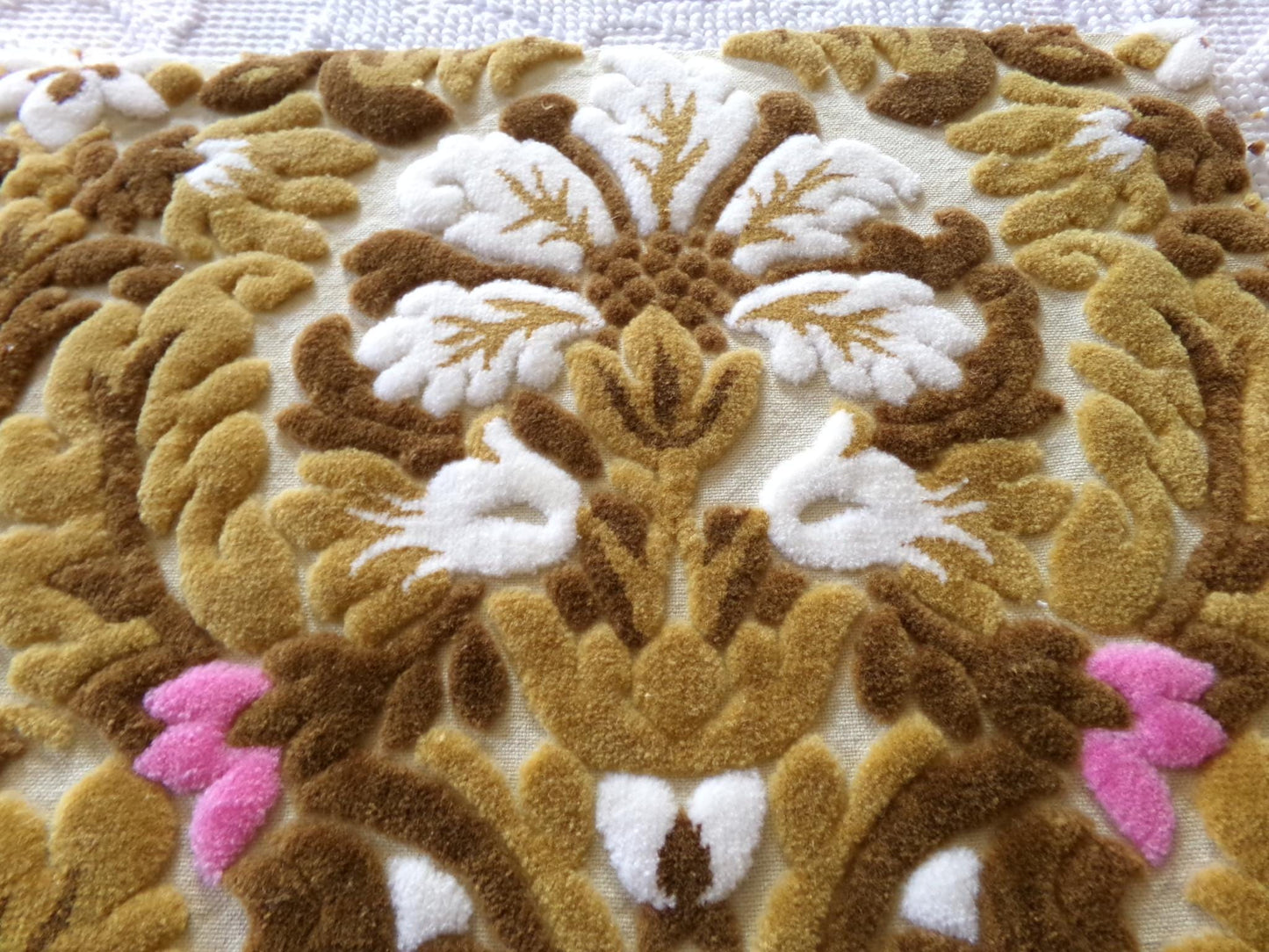 lux caramel chocolate cut velvet fabric, vintage Bates tapestry chenille, 12" x 21" inch piece, ideal sewing material for small bags