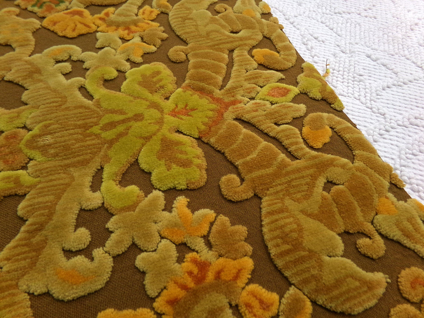 boho lux cut velvet fabric, rusty coppertone old world tapestry style Bates design, 12" x 20" cut piece, great for wallhanging, small bags