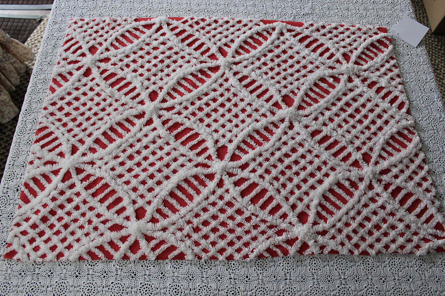red & white chenille fabric, fun festive wedding rings, 19" x 27" inch piece, 100% lightweight cotton, great for vintage Christmas stockings
