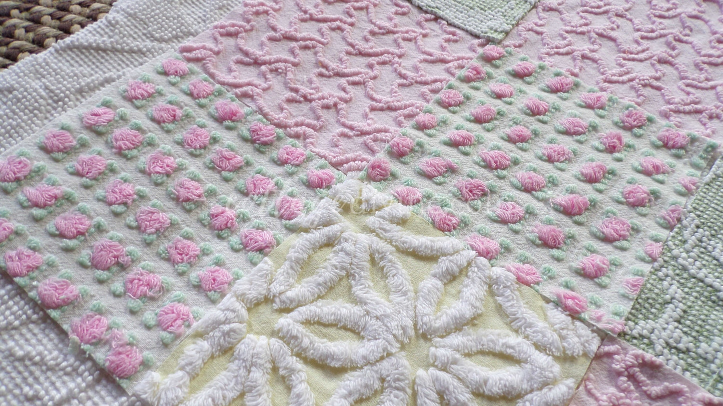 Fresh Flowers Chenille Quilt Squares Set from Vintage Bedspread Fabric, 17 Blocks, 6" x 6" inch
