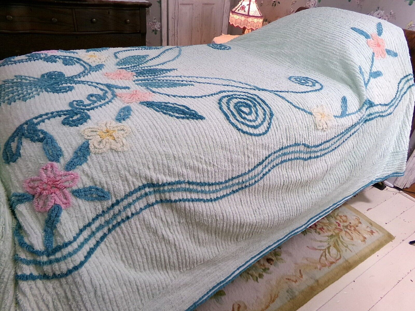 Mint Green Vintage Full Chenille Bedspread Midcentury Sprawling Scroll Floral Design