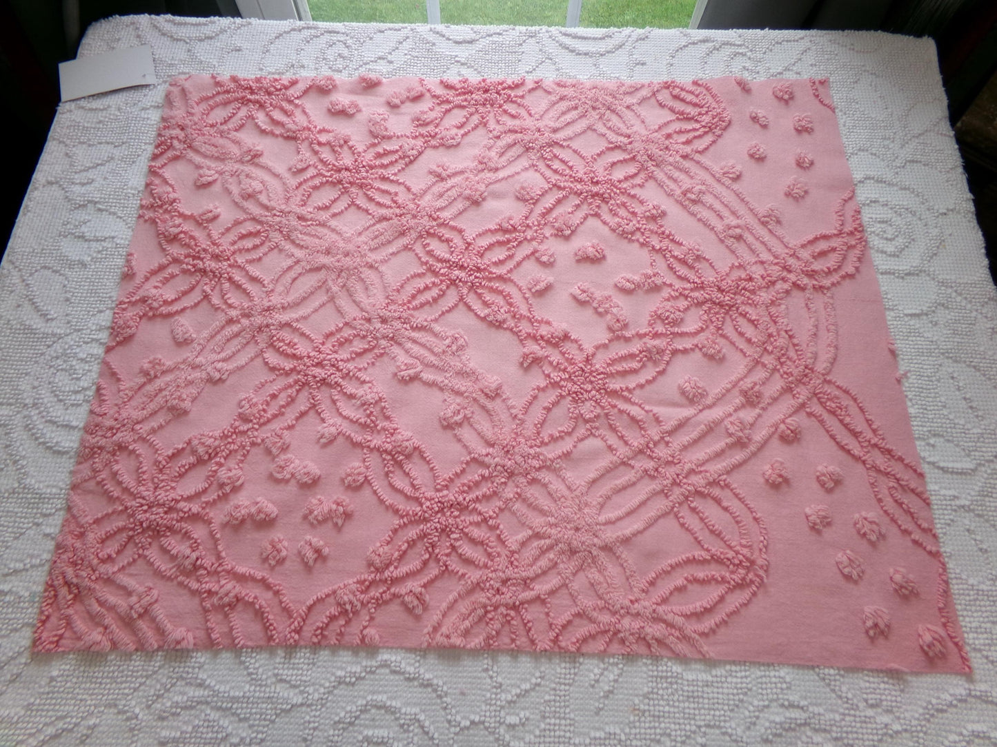 bubblegum pink vintage chenille fabric, geometric design, 18" x 24" cut piece for arts & crafts