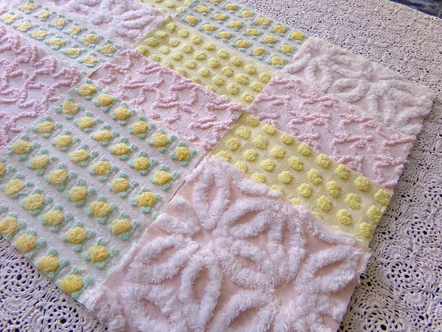 Spring Dance Chenille Quilt Squares, Cheerful Craft Square Set from Vintage Bedspread Fabric, 16 Blocks, 6" x 6" inch, Pink & Yellow