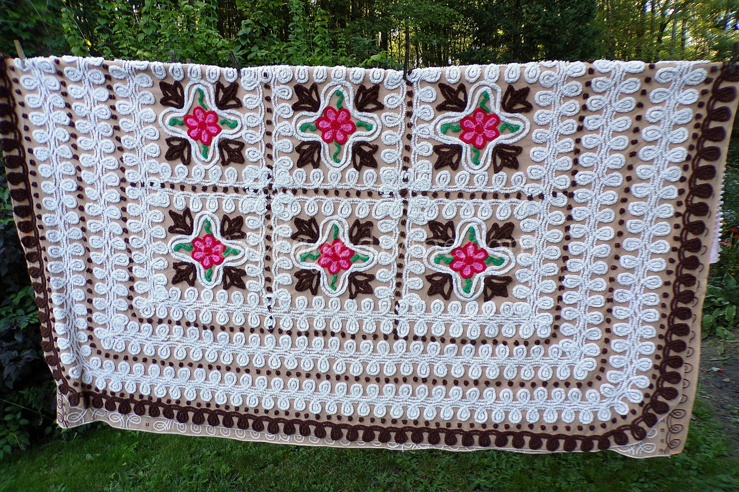 Boho Vintage Chenille Bedspread, Pink Roses on Cocoa Brown, Full Size Cotton Bedding