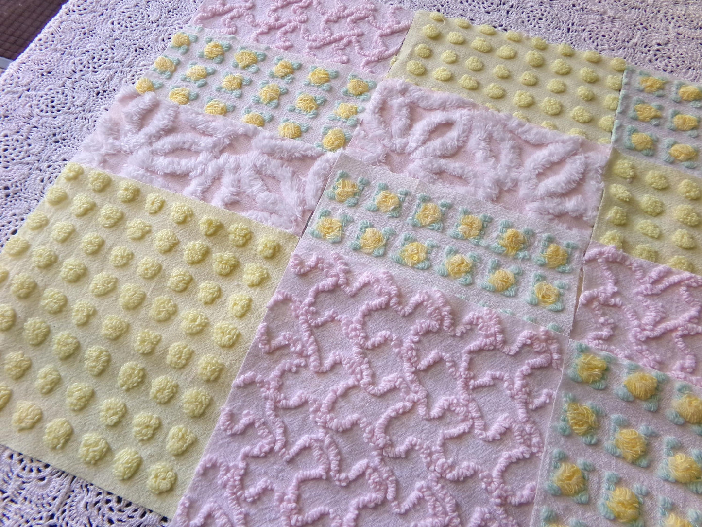Spring Dance Chenille Quilt Squares, Cheerful Craft Square Set from Vintage Bedspread Fabric, 16 Blocks, 6" x 6" inch, Pink & Yellow