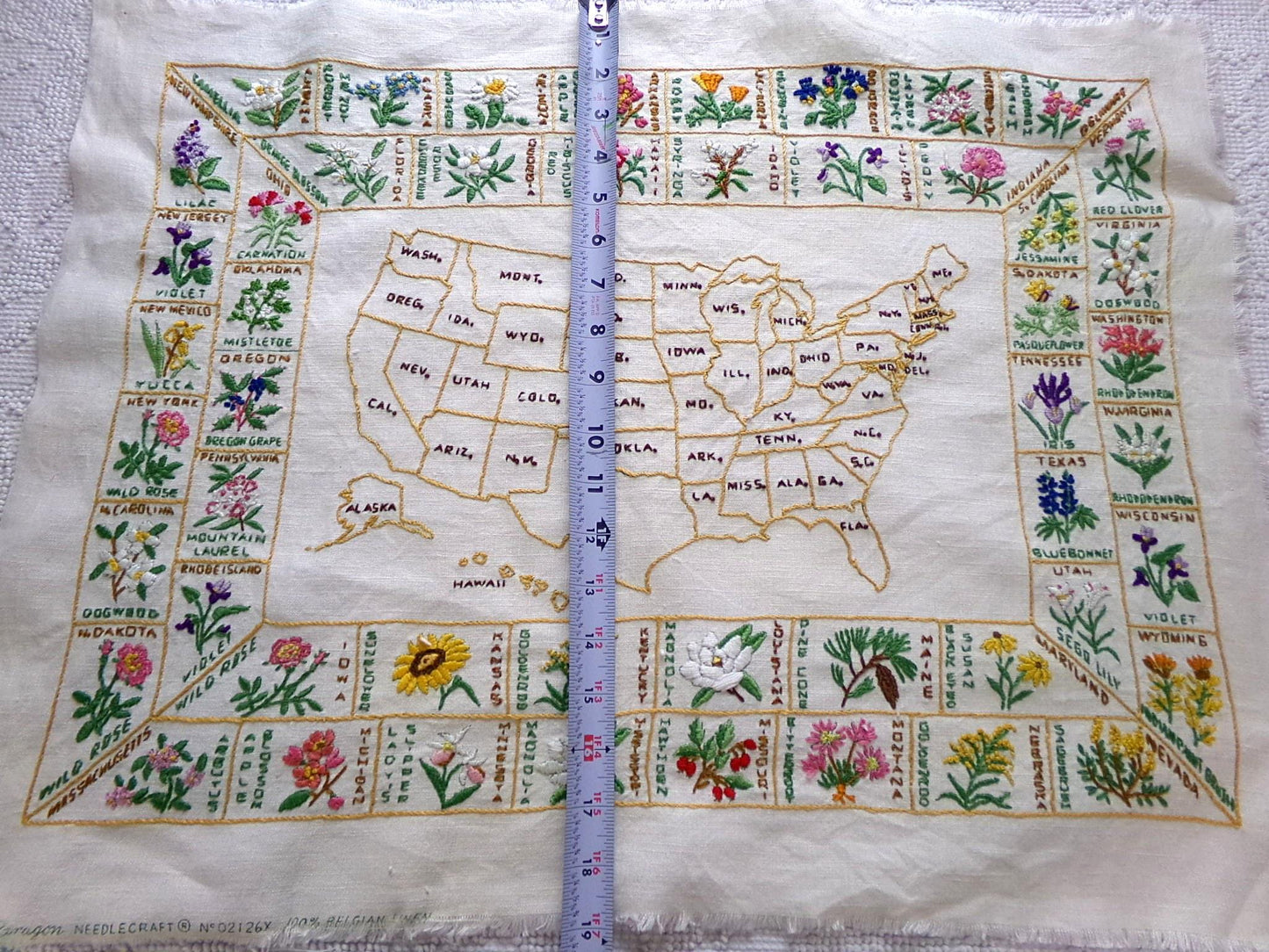 Vintage Embroidery Sampler 50 United States Flowers USA Map Heirloom Piece on 100% Belgian Linen, Paragon Stitchery, Completed, Unframed