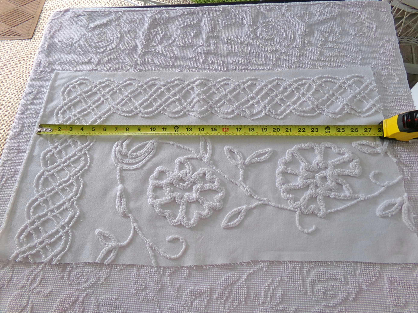 sophisticated white floral vintage chenille fabric, cotton sewing material, 15" x 27" inch piece for crafts & quilting