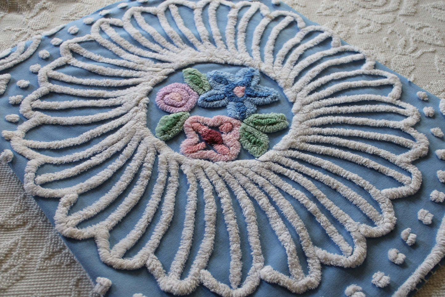 shabby chic vintage chenille fabric, exquisite daisy floral design, 37" x 23" piece, 100% cotton sewing material for wall hanging, quilts