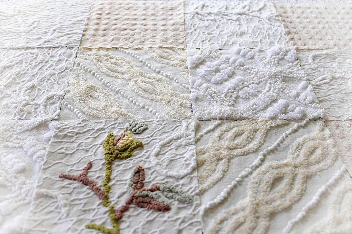 Vintage Matelasse & Chenille Fabric Squares, Heavenly Cream Set of 16 Blocks, 6" Each for Quilts, Crafts
