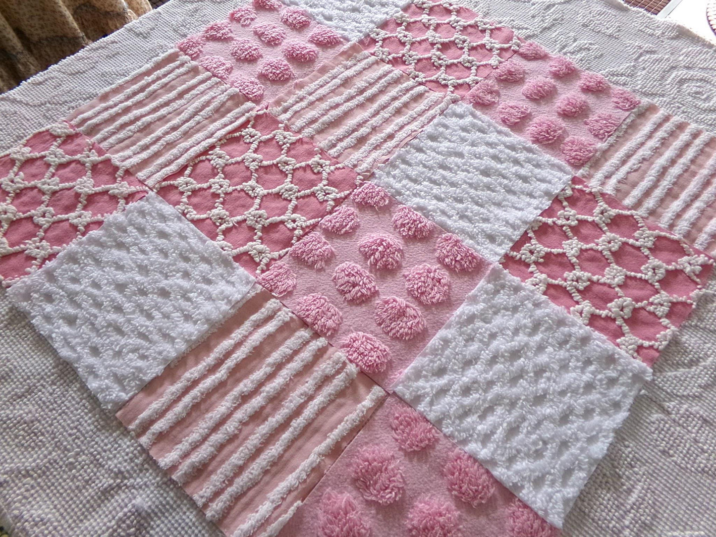 fun pink vintage chenille fabric squares, set of 16 quilt blocks, 6" x 6" inch, textured material ideal for rag quilts & patchwork pillows