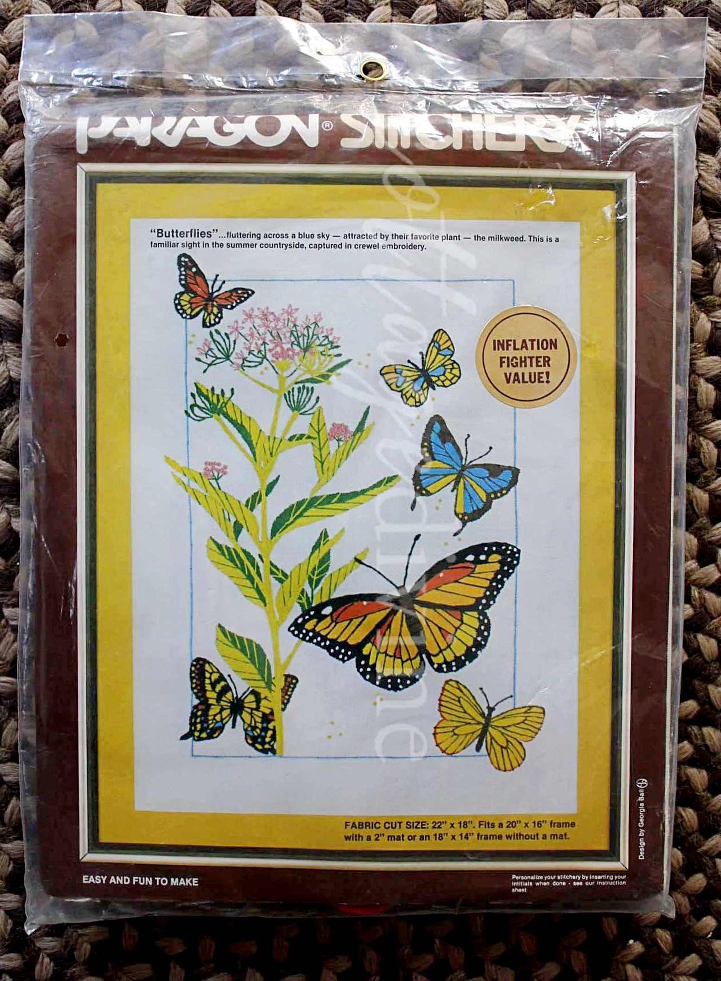BUTTERFLIES Crewel Stitchery Kit, Vintage Paragon Needlecraft Embroidery, Natural Earthy Hippie Design, Georgia Ball, # 0947