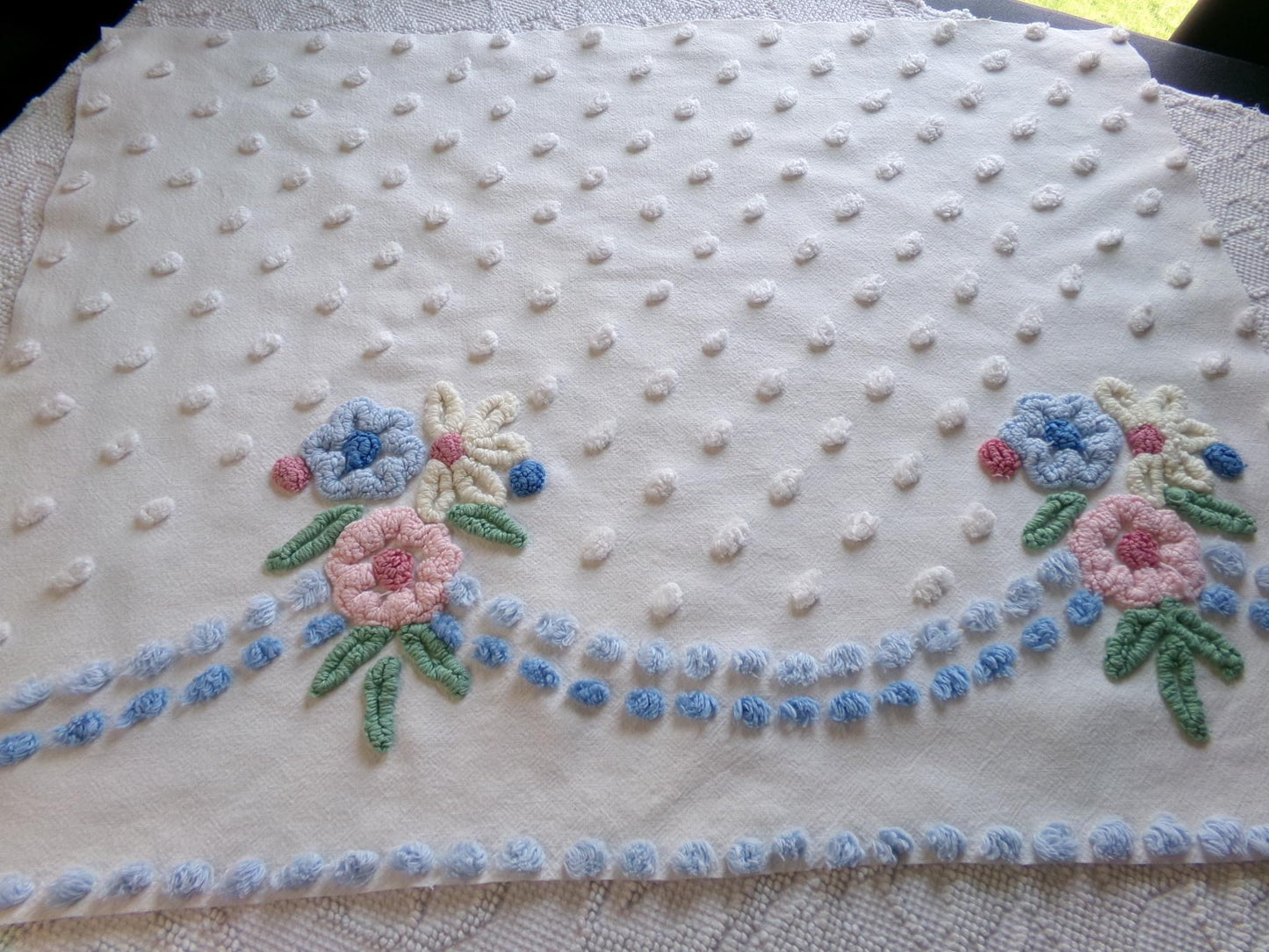 classic shabby chic vintage chenille fabric, beautiful floral 20" x 26" inch piece of cotton sewing material, great for pillows & crafts