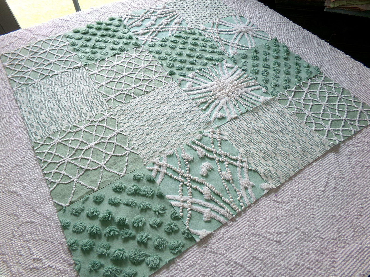 gorgeous green chenille fabric squares, set of 16 vintage 6" craft blocks, geometric designs for quilt inlays, pillows, fiber arts